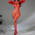 Black fishnet Jacquard one-piece lingerie with long sleeves and a backless design on a mannequin.