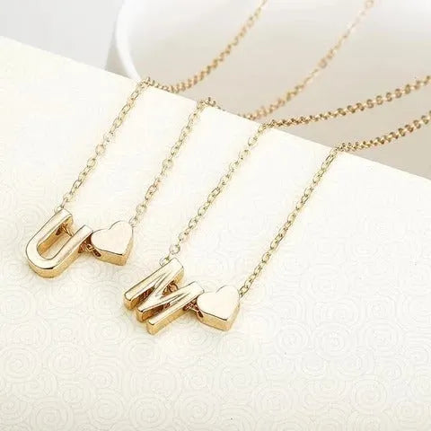 Peach heart shaped letter pendant necklace in gold or silver alloy finish