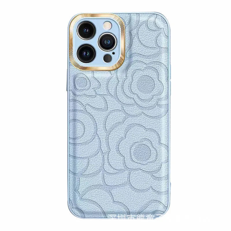 Camellia leather pattern phone case in antique white for iPhone with soft edge and hard back drop protection