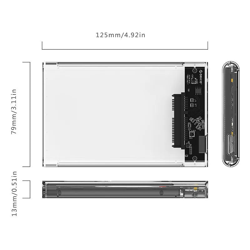 ORICO 2139U3 transparent 2.5-inch HDD enclosure, USB 3.0, 124.5 x 79 x 13mm, blue LED