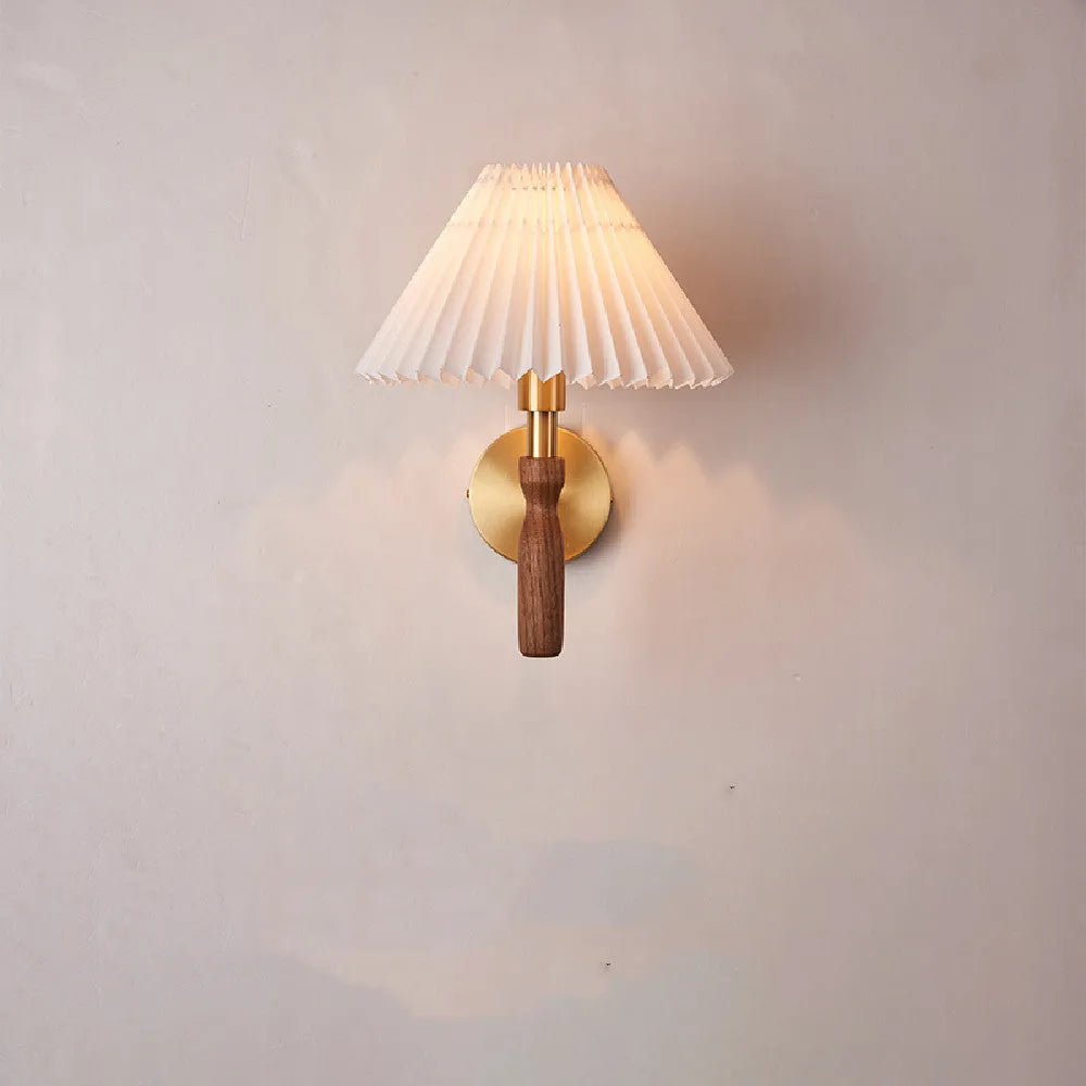 American Retro style walnut wood wall lamp with fabric shade and three light colour options.