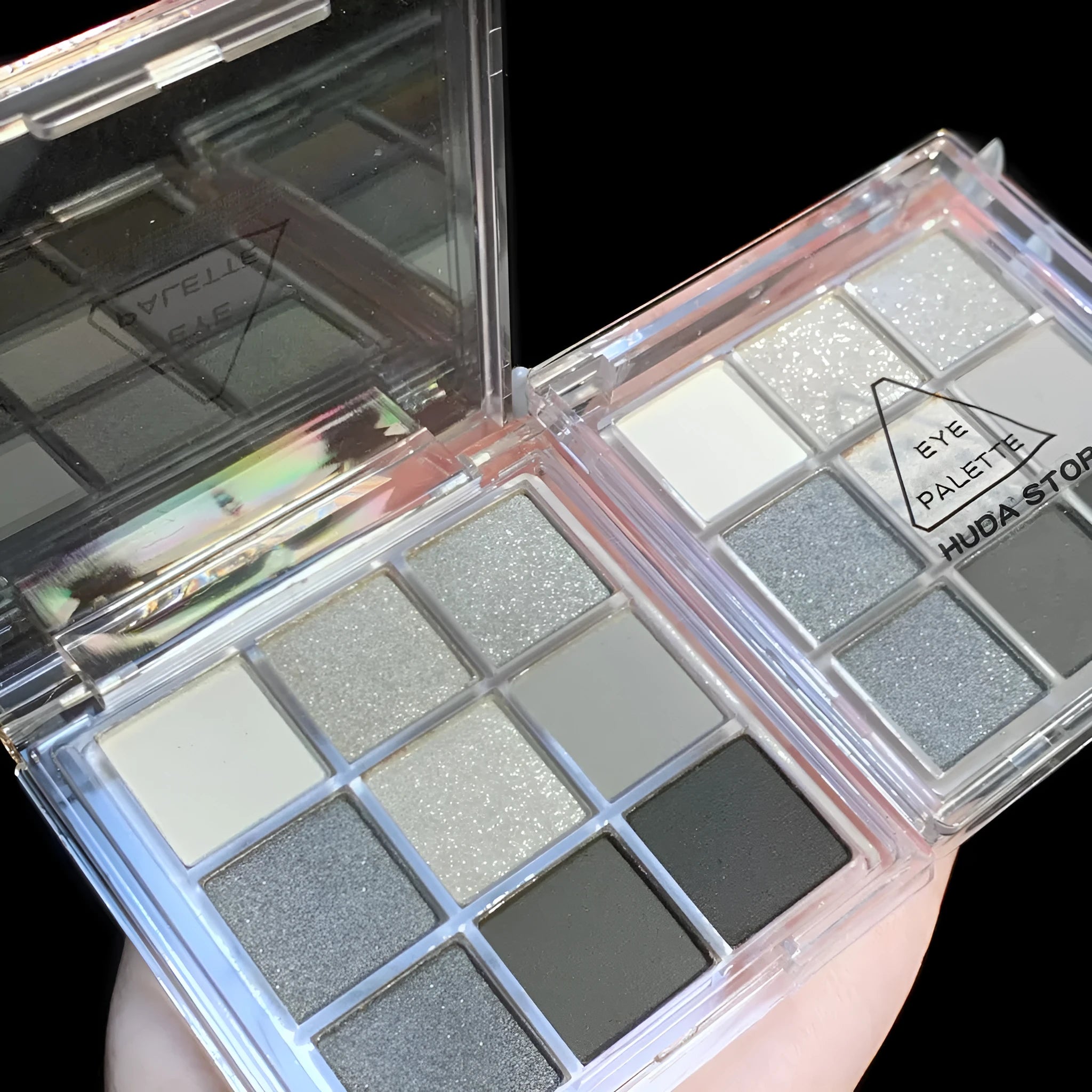 INS style nine-colour smoked eyeshadow palette showing white, silver, black, and iron grey shades