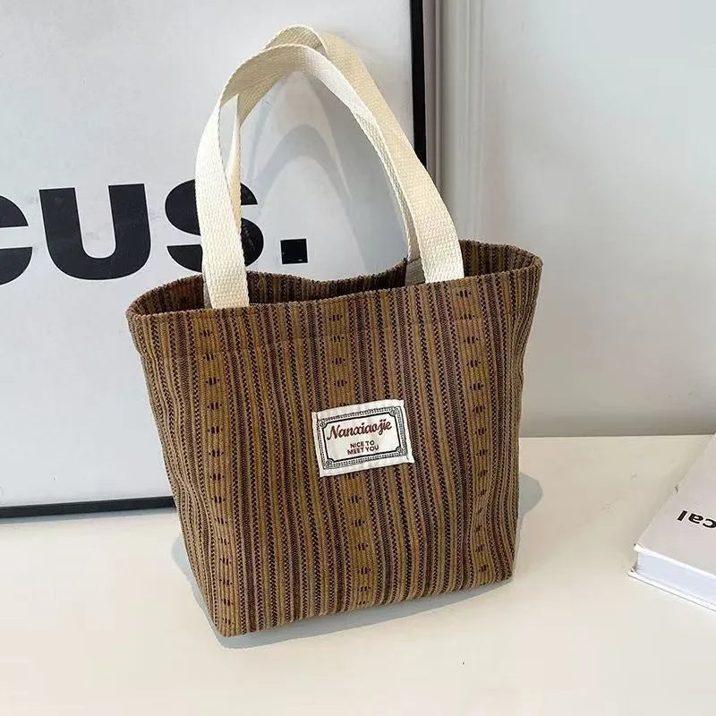 Japanese style large capacity corduroy handbag in ivory white, grey, or dark brown.