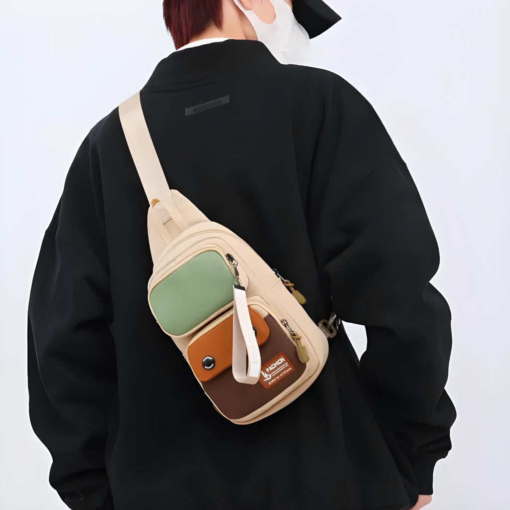 Nylon outdoor crossbody shoulder bag in beige contrast colour with letter pattern