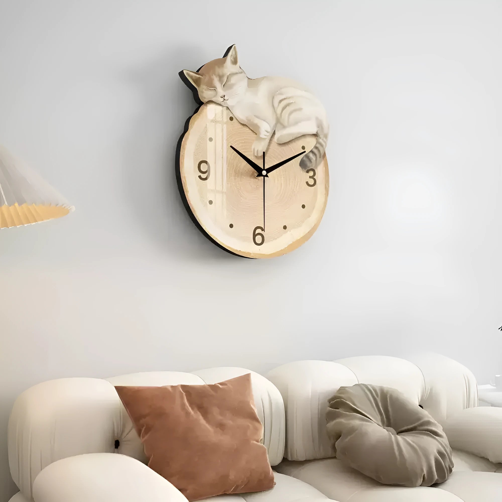 Cream style noiseless wall clock with poplar wood frame and cat decorative painting design in oversized size 48x38.4cm