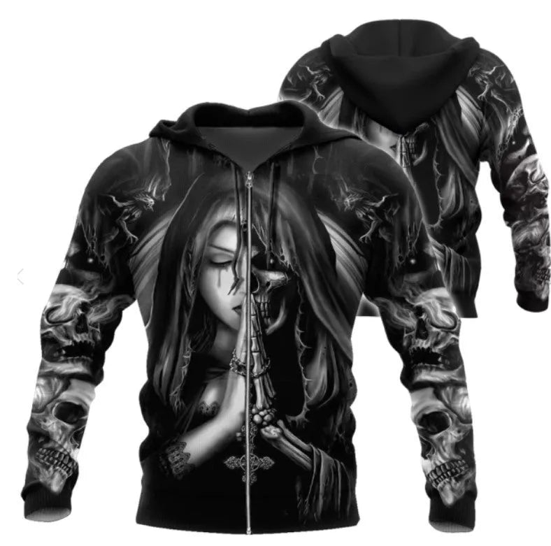 Man's grey hooded sweatshirt with a large 3D printed colourful anime skull graphic on the front.