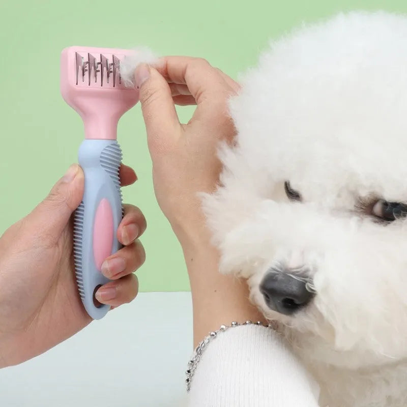 Pink stainless steel knot cutter dog comb with massage bristles for pet grooming