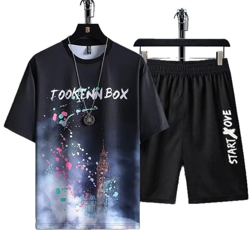 Men's ice silk summer suit with short sleeve top and matching shorts in polyester fabric