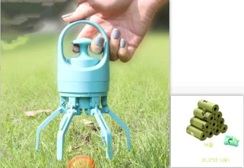 Blue plastic portable dog pooper scooper with built-in bag dispenser and eight-claw shovel