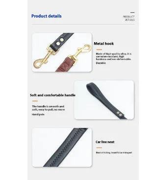 Black PU leather pet traction belt with chain ring connection for dog walking