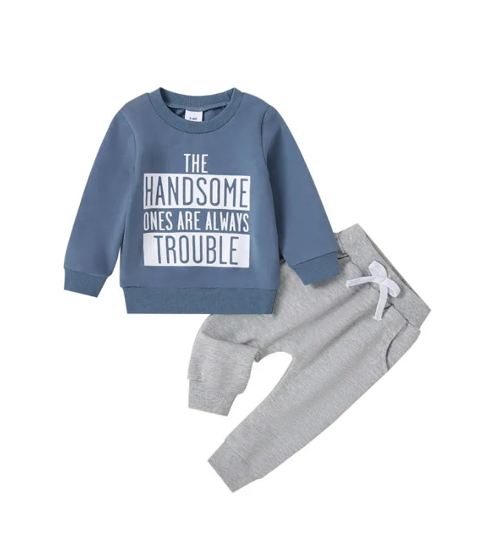 Navy blue casual round neck letter print sweater trousers suit for baby boys, cotton knitted pullover set on white background