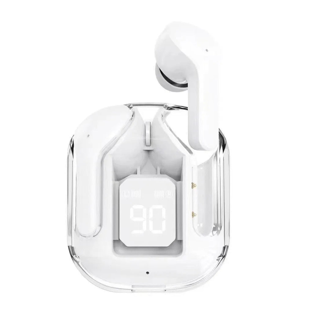 Transparent space capsule case true wireless Bluetooth headset with digital display screen in multiple colour options