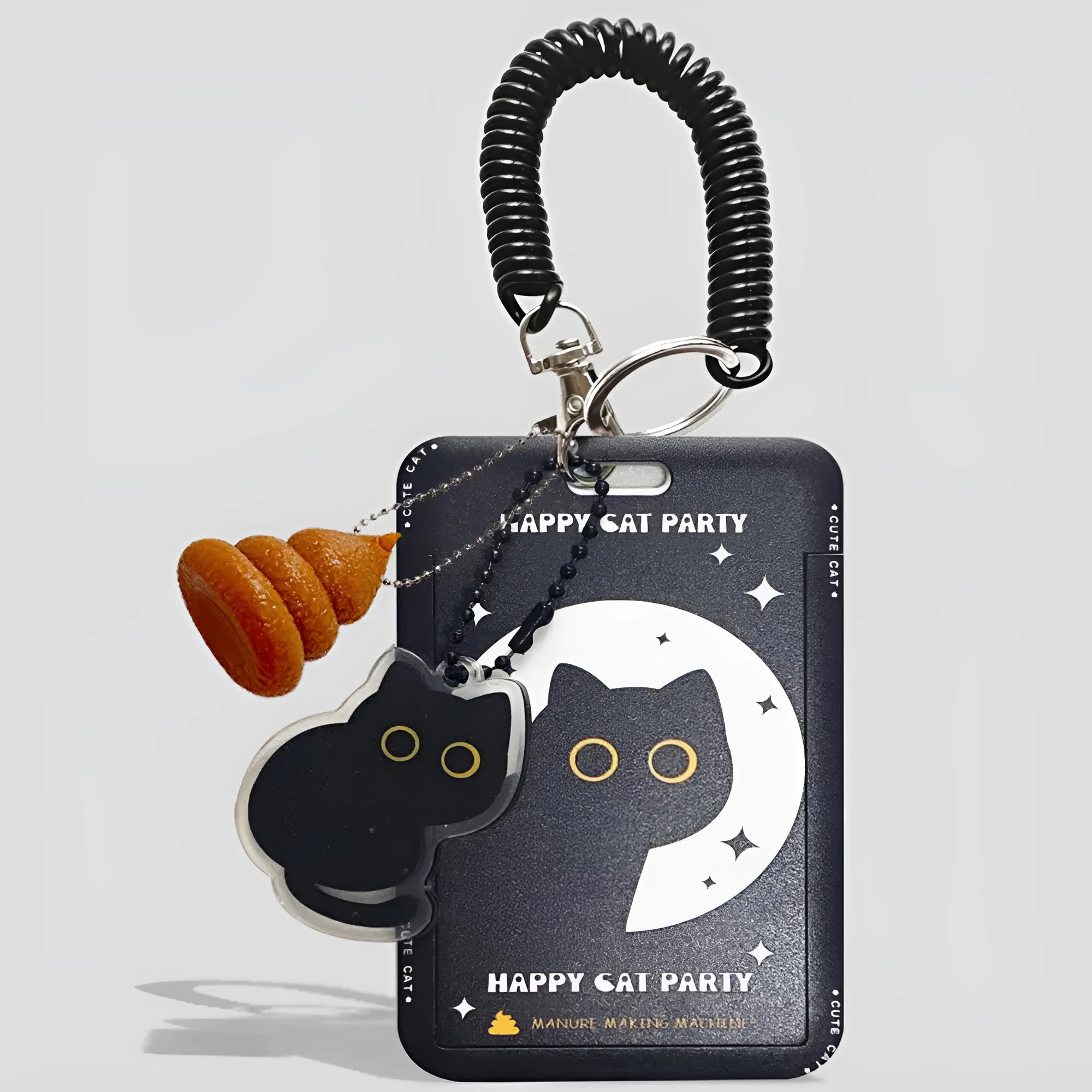 Cute black cat cartoon plastic card holder with a ferrule pendant for keys or bags.