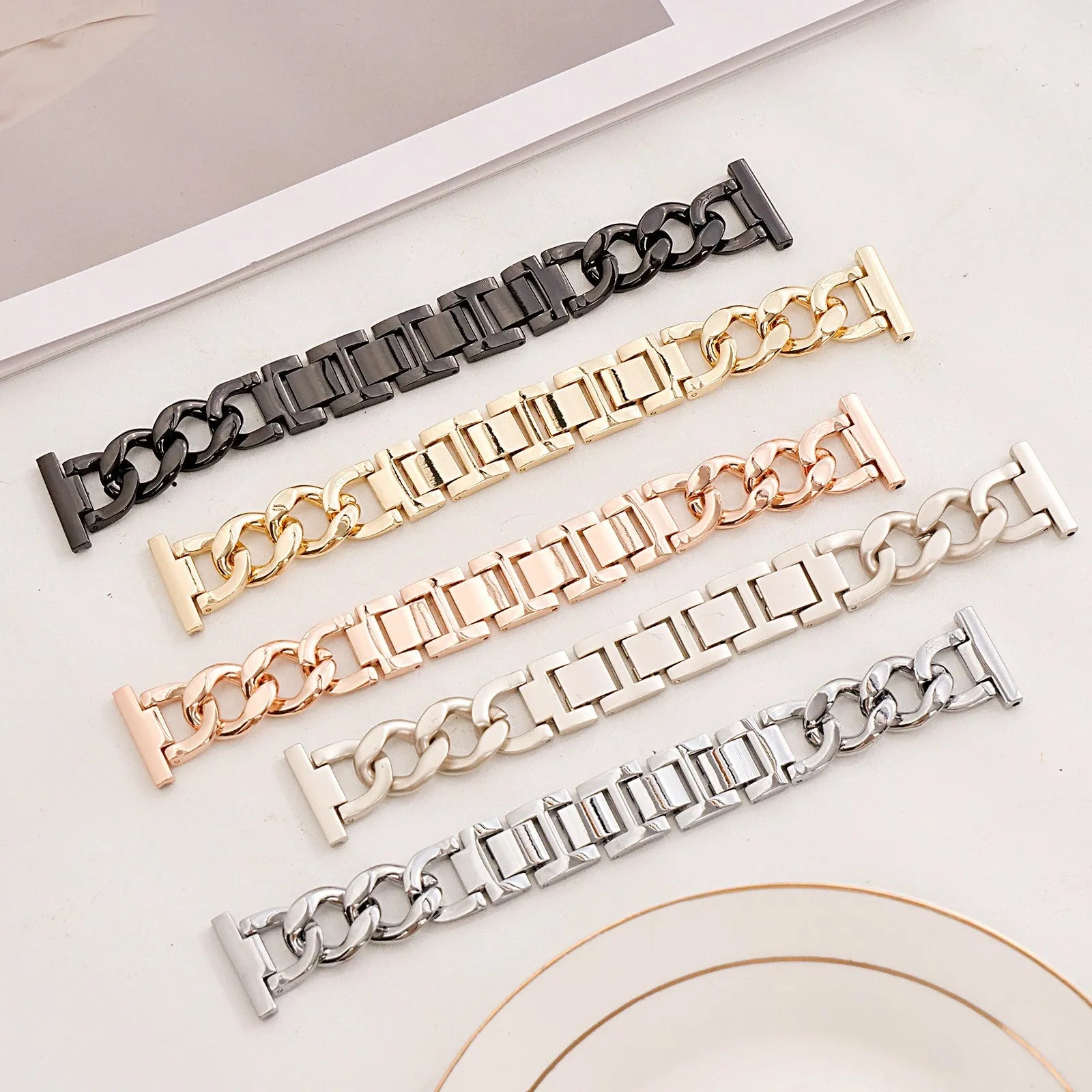 Metal denim chain watch strap for Apple Watch in silver, black, gold, rose gold and starlight colours