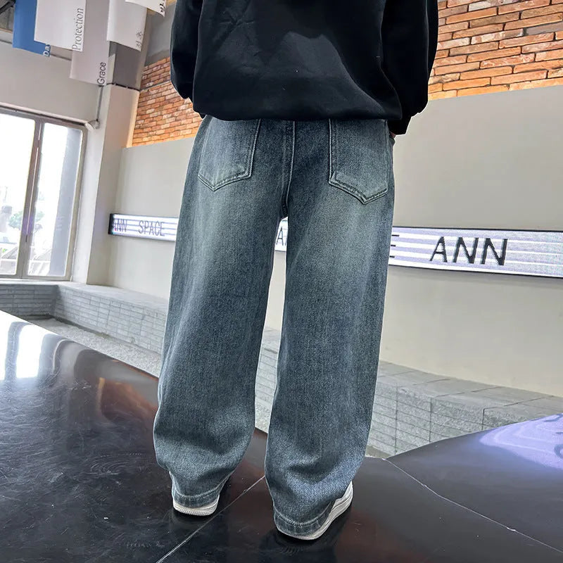 Men's straight loose blue denim jeans solid colour cotton trousers height 120cm to 170cm