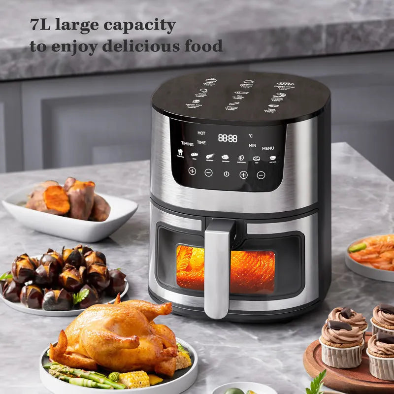 Stainless steel smart visual air fryer with 8-litre capacity and UK plug on countertop
