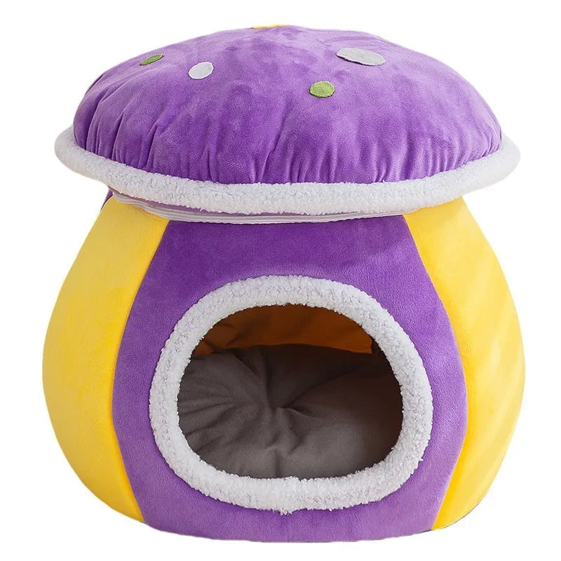 Grey mushroom-shaped cat bed with soft plush interior, shown with a cat inside.