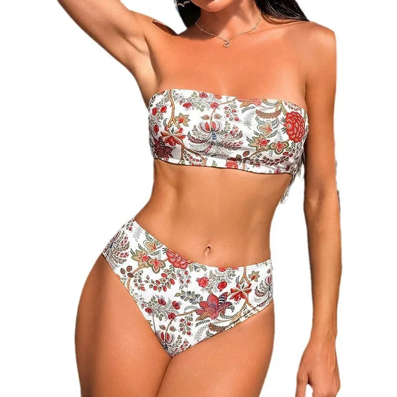 Women's printed bandeau triangle top and matching swim shorts on a mannequin.
