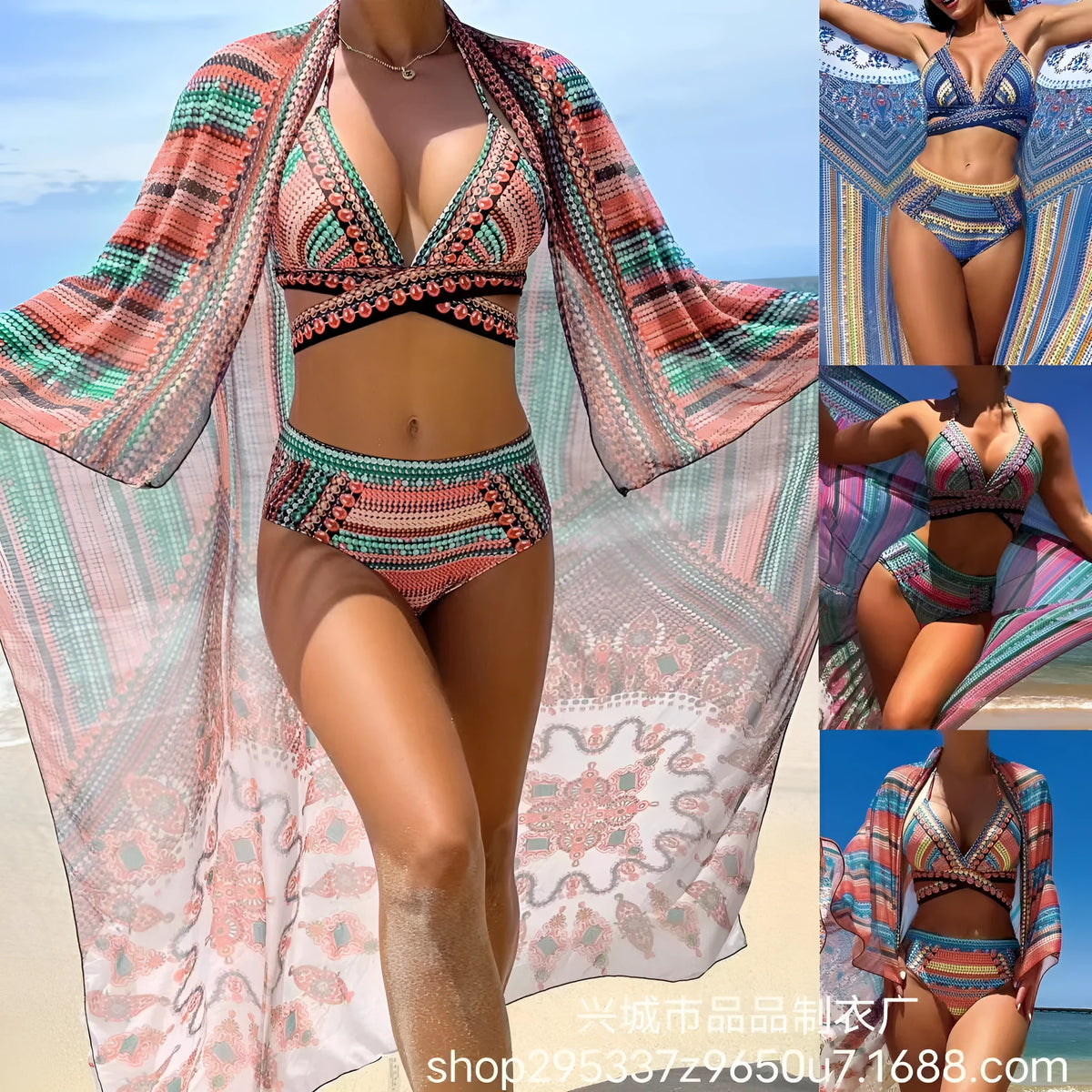 Women's split cross strap retro ethnic style bikini set in polyester, green and red colour options, sizes S to XL