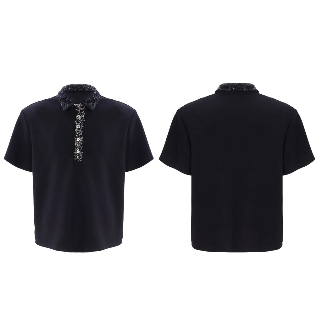 Men's black loose fit polo t-shirt with square collar and embroidered sequin detailing on short sleeves