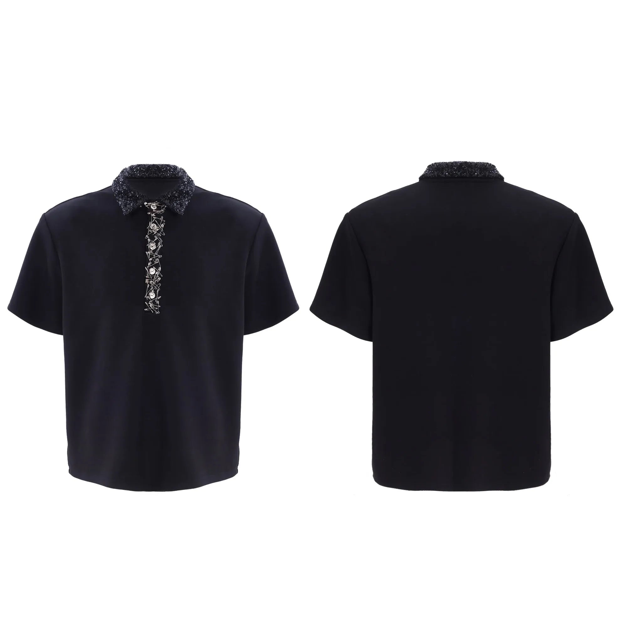 Men's black loose fit polo t-shirt with square collar and embroidered sequin detailing on short sleeves