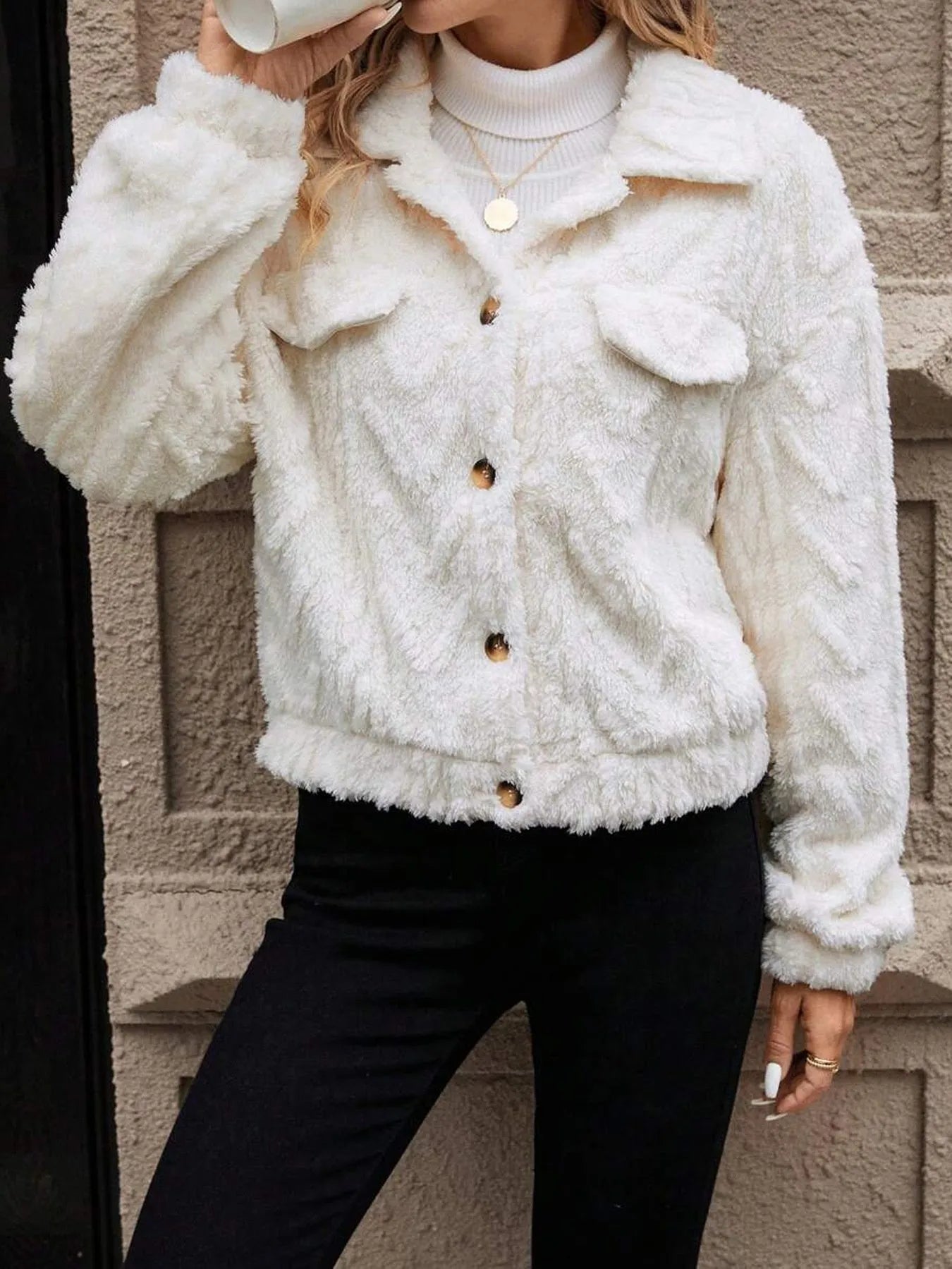Ivory white double-sided plush women's cardigan with button front and regular long sleeves