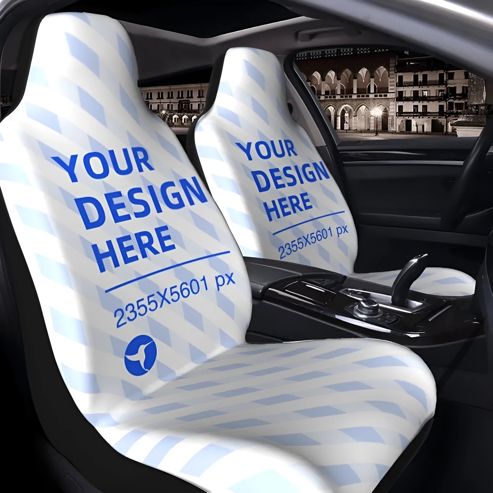 Black polyester car seat cover with elastic straps, foam padding, and rear pocket installed on a car seat