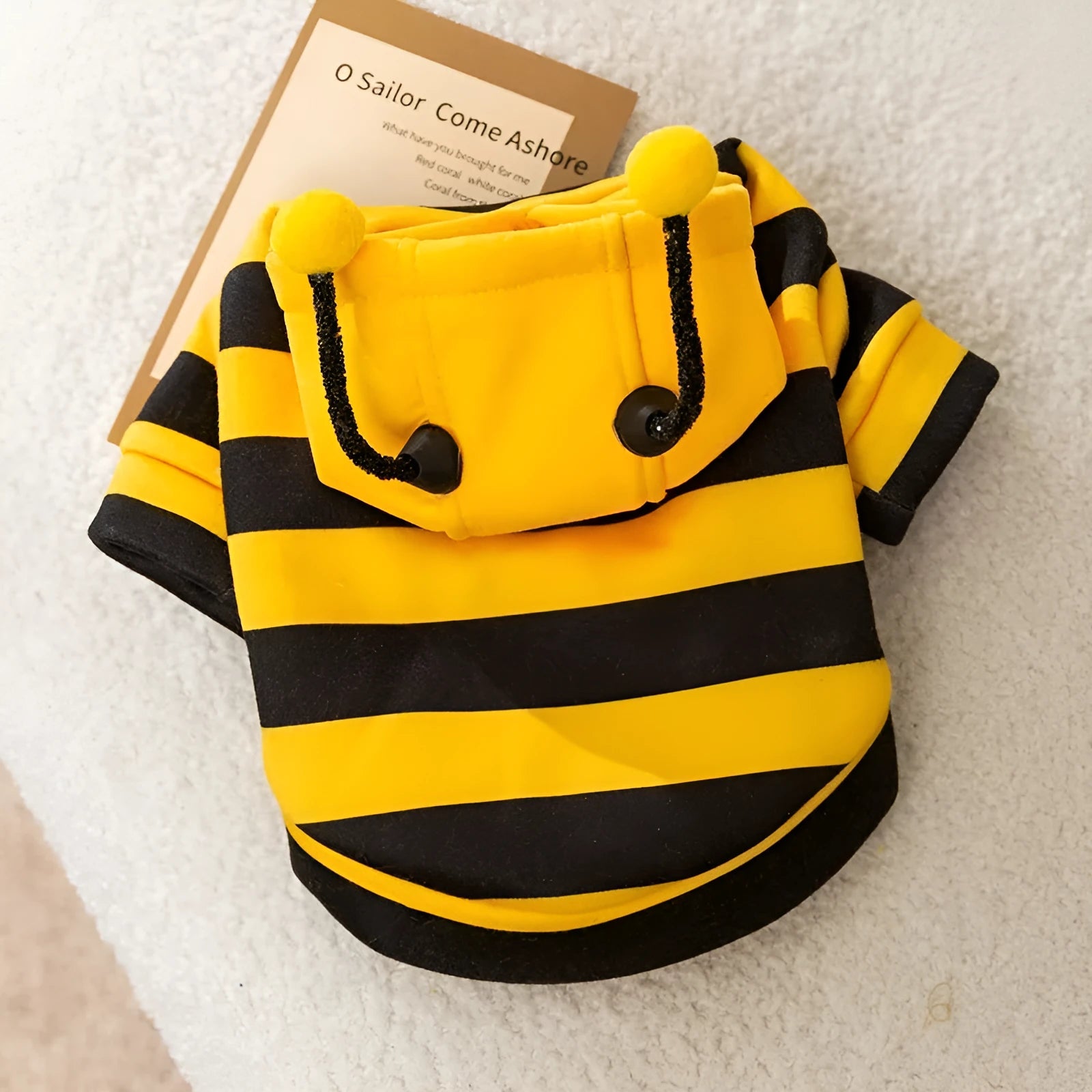 Yellow and black striped bee antenna hoodie for small dogs with flexible antennae and back belt hook