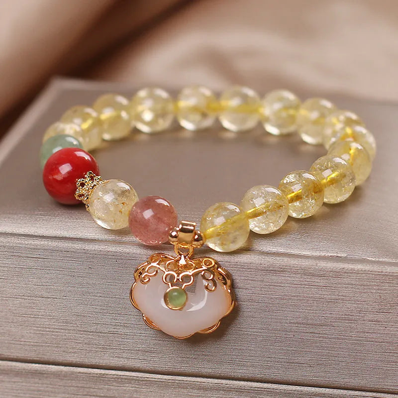 Women's natural citrine jade ruyi pendant bracelet with yellow hair crystal colour on alloy chain