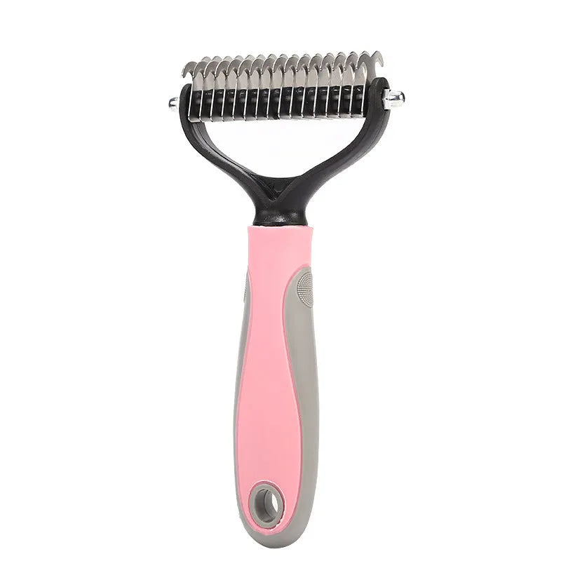 Double-sided stainless pet brush for dogs and cats with button hair removal and non-slip grip, blue or pink