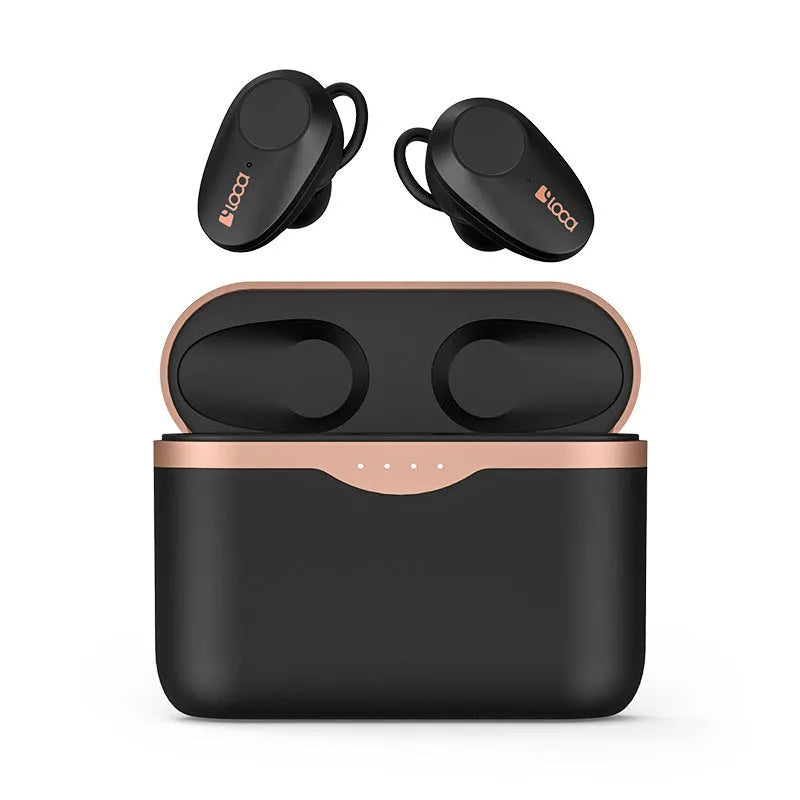 Black wireless Bluetooth earbuds with charging stand featuring ANC and 10m range.