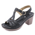 Women's patent leather thick heel sandals with metal buckle stitching in black colour