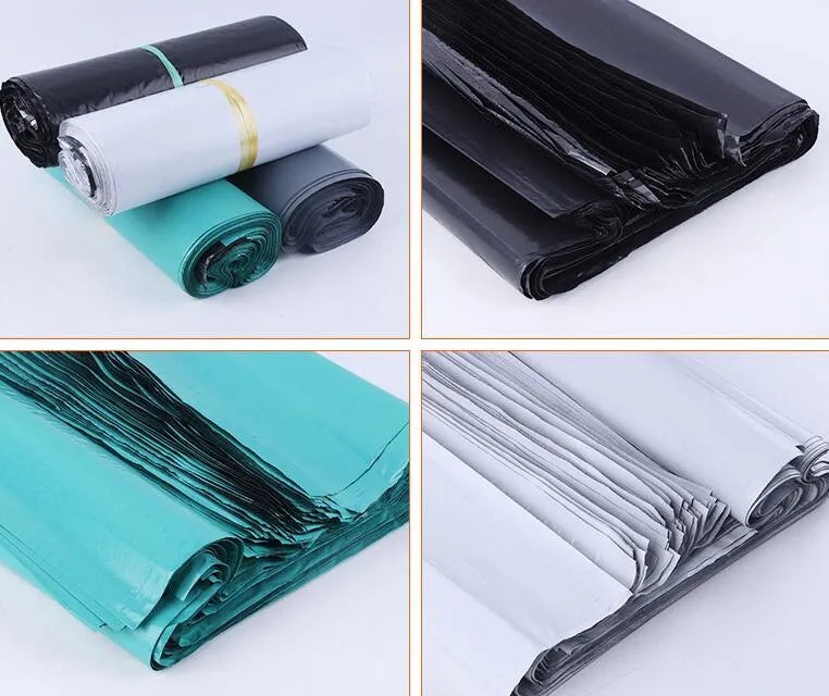 A bundle of 100 clear PE courier bags with self-adhesive sealing stickers in various sizes.