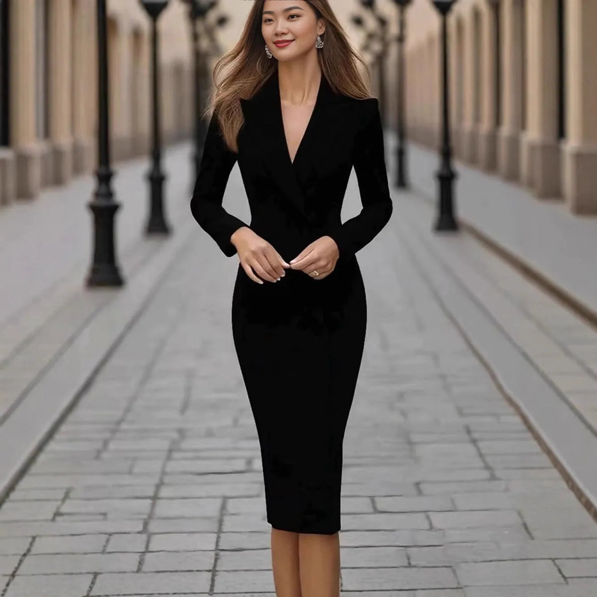 Women's single-breasted high-waist coat dress in polyester fabric with long sleeves