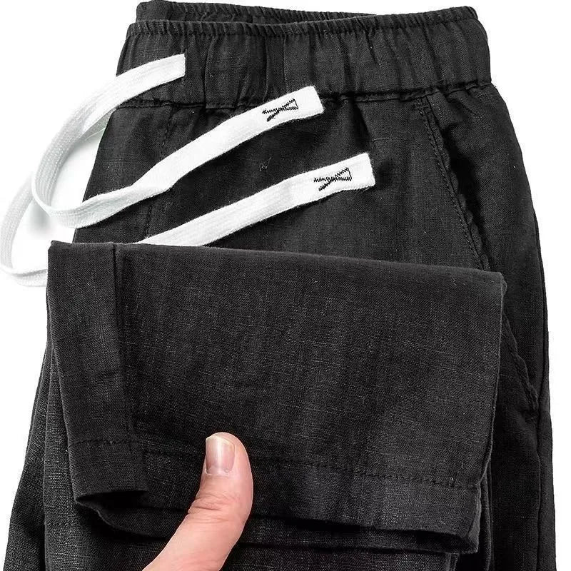 Pure linen Chinese style elastic waist trousers in straight leg cut available in multiple colours