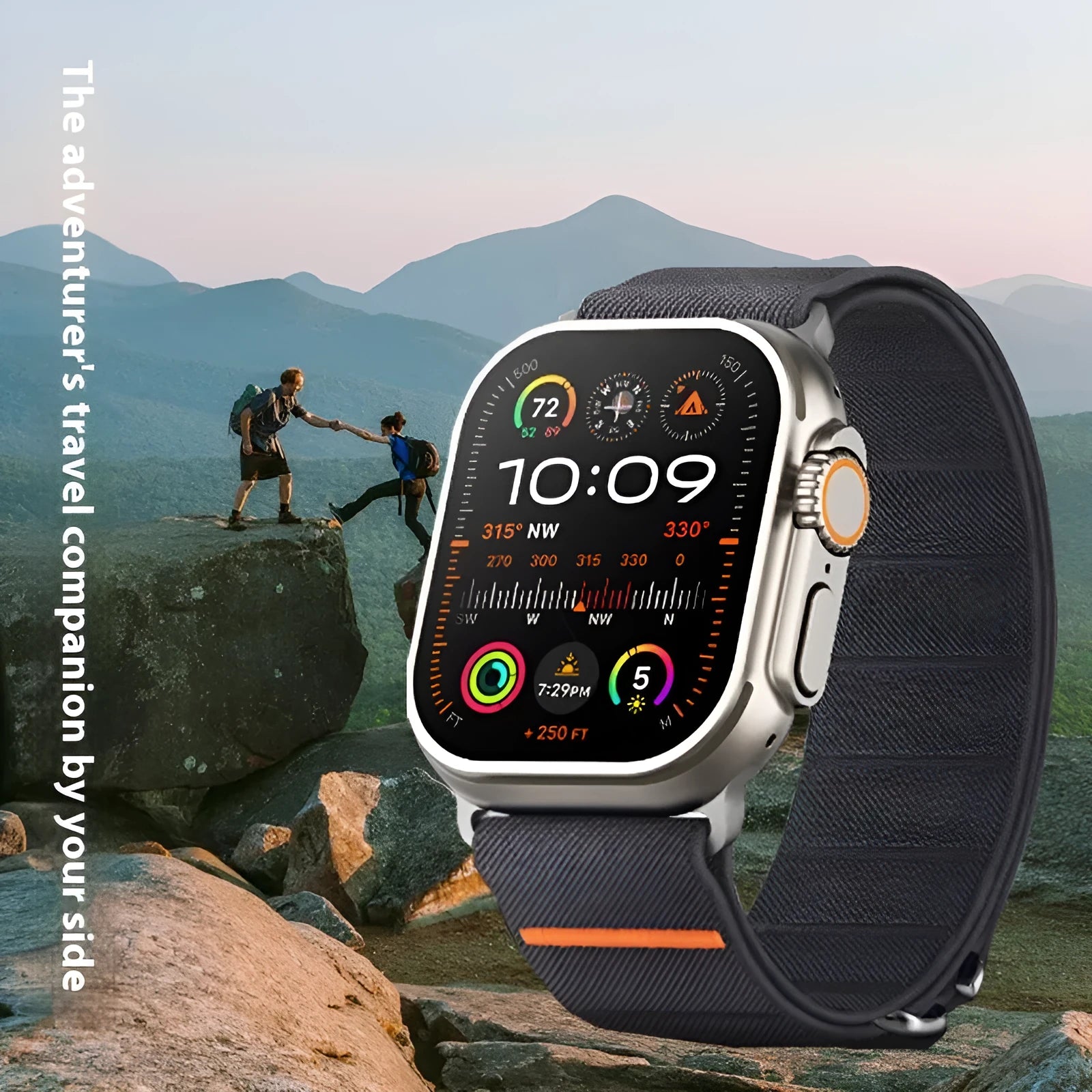 Elastic nylon watchband with stainless steel buckle for Apple Watch in various colours including black, ruby, and army green.