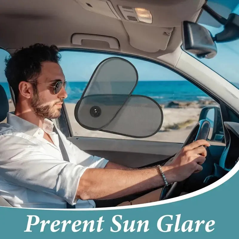 Black breathable car side window shade with suction cups stretched over a car window