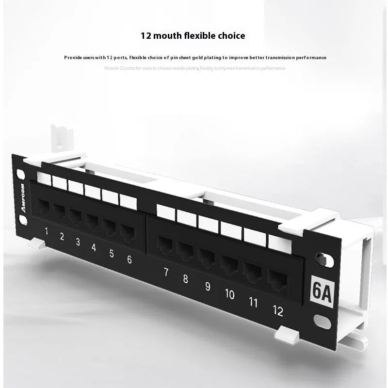 Black 12-port steel network distribution frame with hook bracket and installation accessories