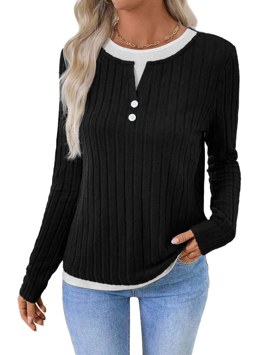 Women's black fake two-piece pullover sweater with a round neck and button front, showing concave stripe texture.