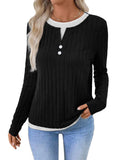 Women's black fake two-piece pullover sweater with a round neck and button front, showing concave stripe texture.