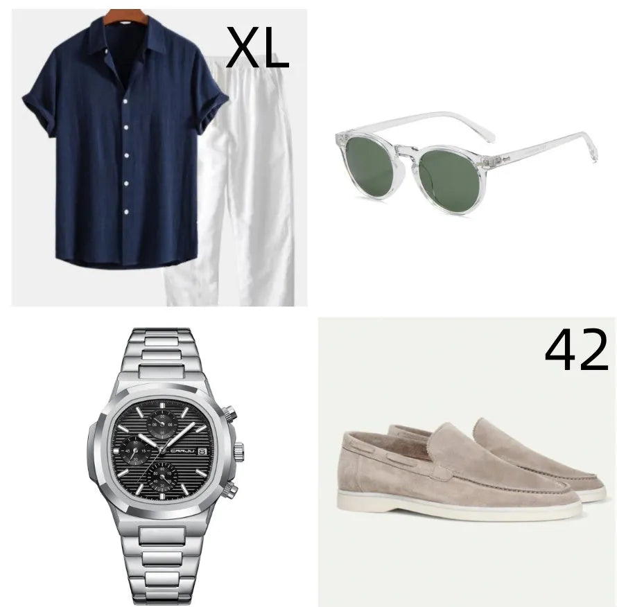 Men's casual short sleeve cotton linen suit set in navy blue with matching glasses, shoes and watch accessories