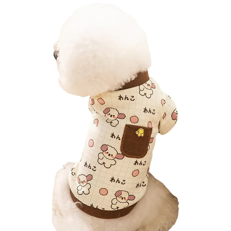 Pet clothing with warm pockets, soft velvet, blue colour, on a small dog or cat, bear home wear style