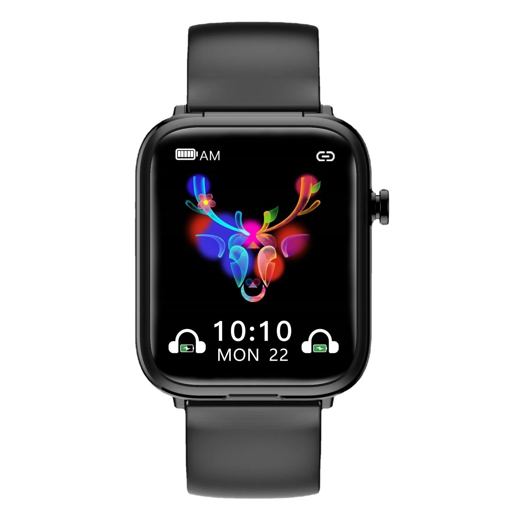Black all-touch smart watch body with zinc alloy frame and 1.69 inch screen showing fitness data