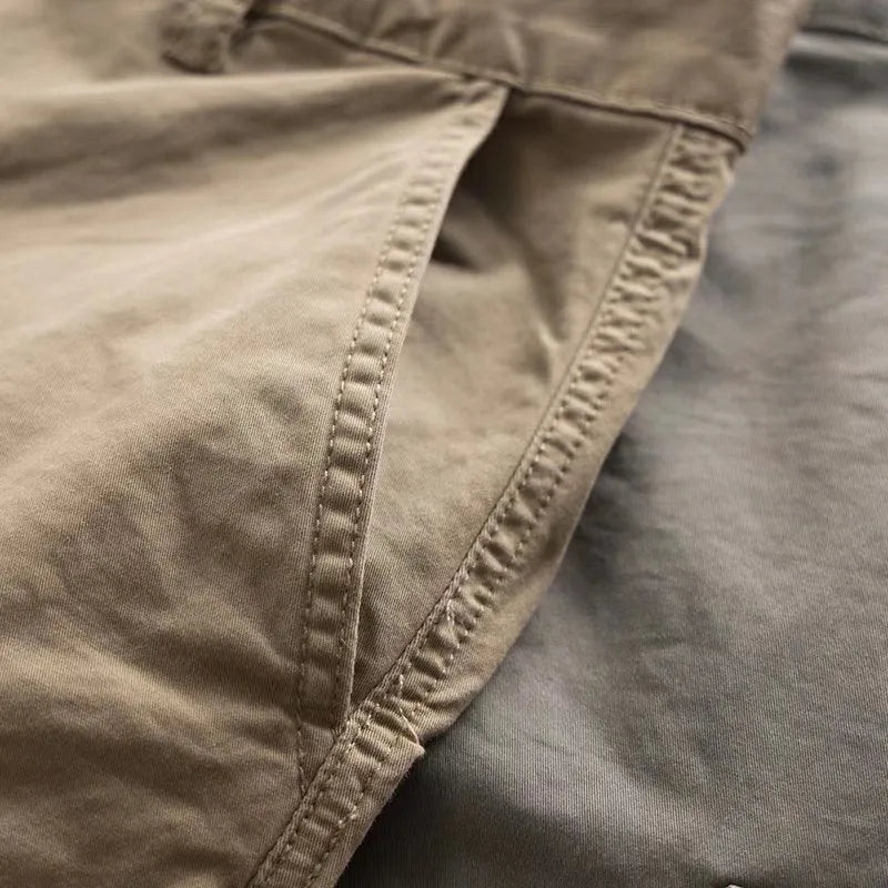 Men's cotton multi-pocket work trousers in khaki colour with cropped length design