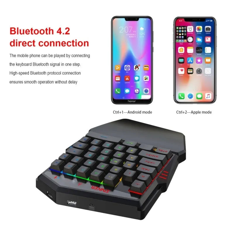 HXSJ K99 Bluetooth one-handed gaming keyboard and wired mouse set in black with phone holder