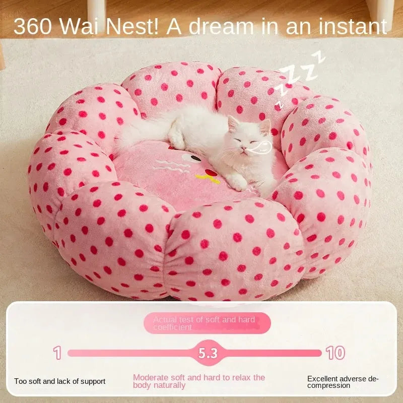 Pink dot pattern fabric cat bed shown in 45cm and 65cm diameter sizes