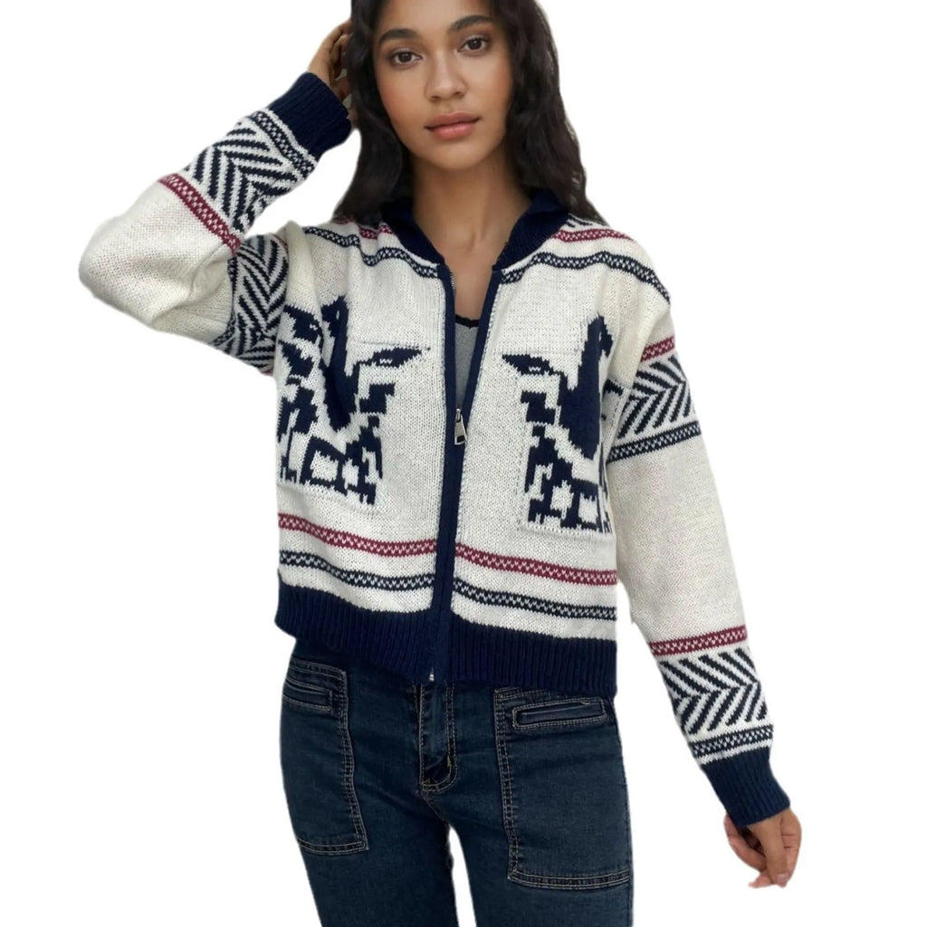 White women's jacquard zip cardigan with lapel collar and contrast colour striping