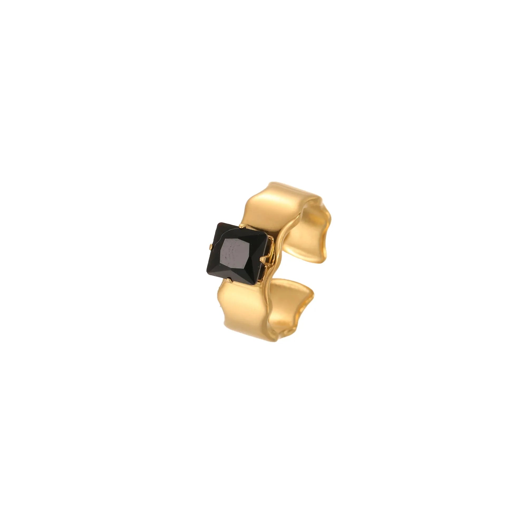 Open mouth geometric titanium steel ring with inlaid zircon stones showing adjustable free size design