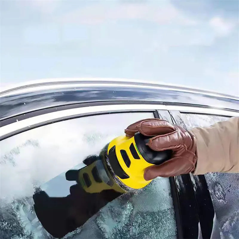 Yellow cordless electric car ice scraper with USB charging cable
