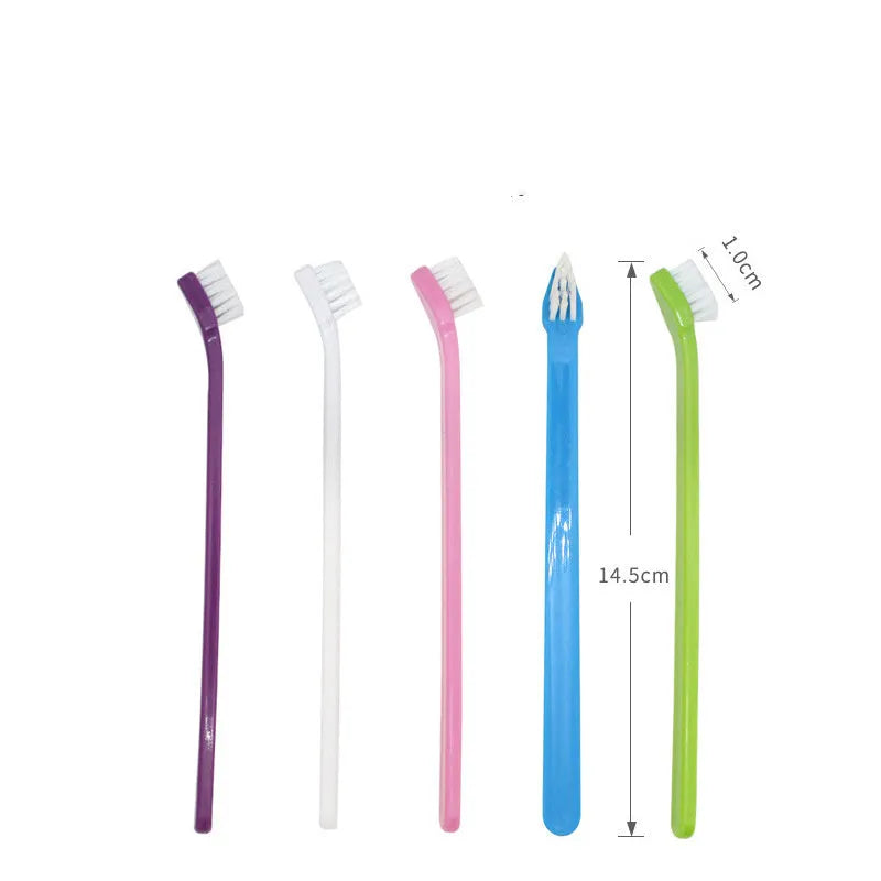 Double-headed plastic finger pet toothbrush for teeth cleaning and stain removal, shown in a choice of colours.